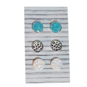 3 Pack Blue/White Leopard Stud Earrings